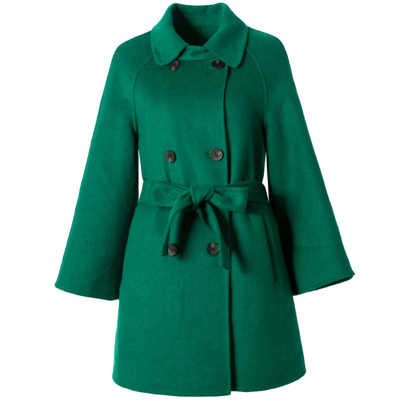 SuyaDream шерстяное пальто с ремнем ручной работы, двустороннее шерстяное Женское пальто из смешанной шерсти, Простая Офисная зимняя верхняя одежда - Цвет: Зеленый