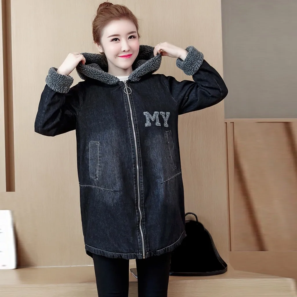 Women's Hooded Jackets Autumn Winter Causal Jeans Top Thickening Denim Hoodie Blouse Long Sleeve Loose Coat#1016