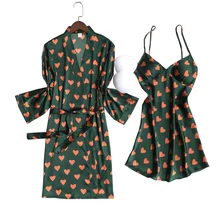 Новинка года, весенне-осенняя Женская одежда для сна, ночная рубашка, комфортный Шелковый Атласный кардиган+ платье, комплект из 2 предметов, Женская домашняя одежда с нагрудной накладкой