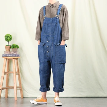 

New England men's retro denim overalls men Multi-pocket straight bib suspenders jeans men's hip-hop loose bib suspenders pants