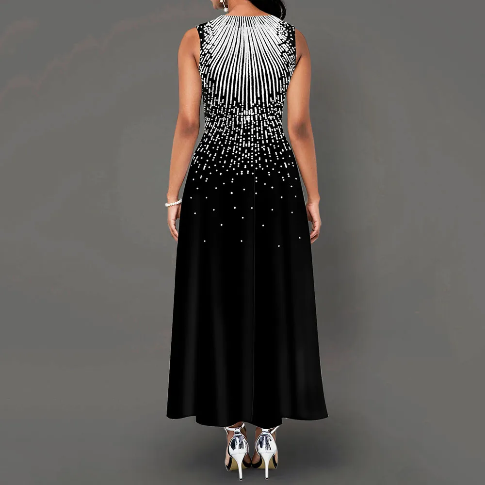 Tanie Elegancki nadruk w stylu vintage, linia, kieszeń, biały, maxi, sukienki, szata, femme, 2019, bez rękawów, kontrast, kolor, linia, Maxi, sukienka