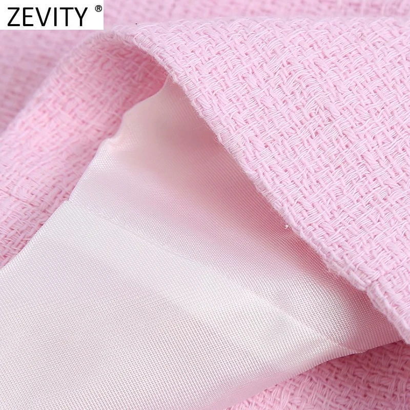Zevity Women Sweet Double Breasted Notched Collar Pink Tweed Woolen Short Blazer Coat Vintage Female Outerwear Chic Tops CT681