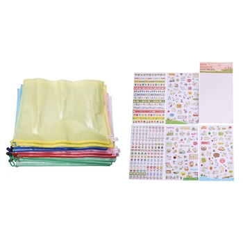 

10 Pcs Netting Surface A3 Document File Holder Zipper Bag & 6 Sheet Pattern Cute Animals Stickers Diary Stickers
