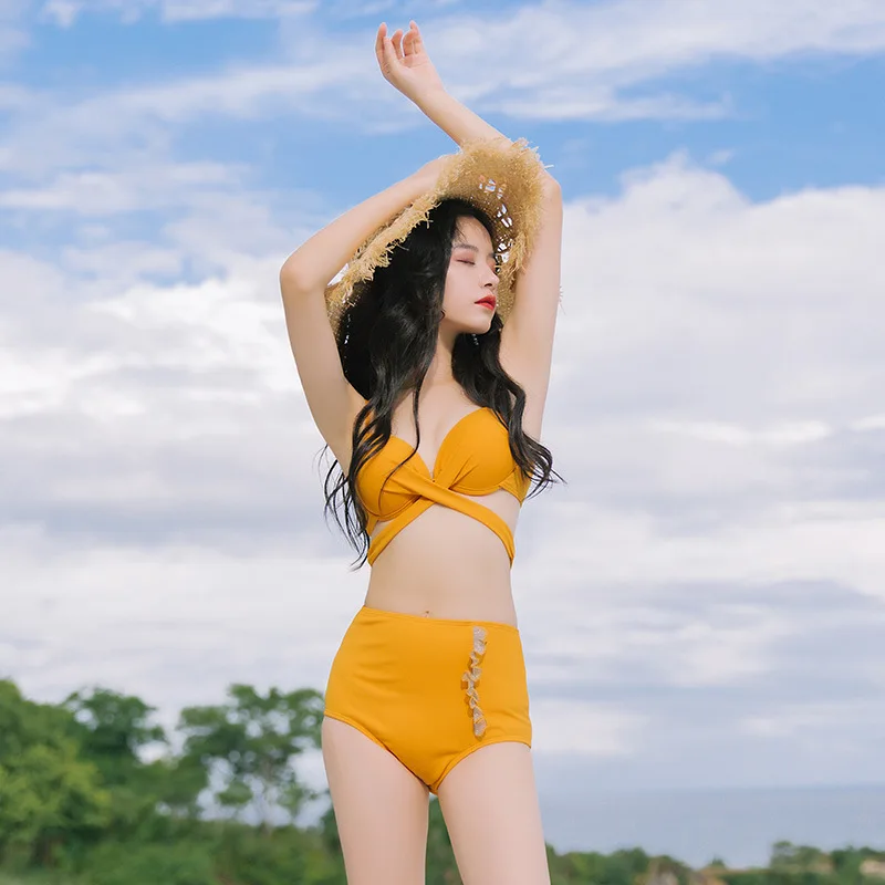 

2019 New Style European Version of Fairy Style Split Type Bikini Three-piece Set Lace Translucent Shayi-Slimming Swimwear