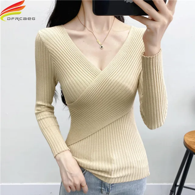 New Deep V Neck Sexy Sweater Women Long Sleeve Cross Rib Knit 5 Colors Woman Sweaters Pullovers Slim Ladies Tops Jumpers