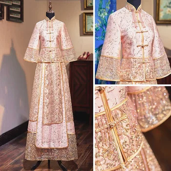 

Pink Embroidery Cheongsam Vintage Chinese Style Wedding Dress Lady Phoenix Gown Marriage Qipao red Clothes Size S M L XL XXL