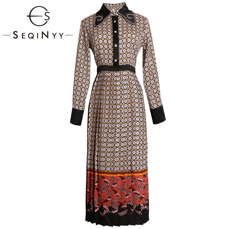 

SEQINYY Pleat Dress 2020 Summer Spring New Fashion Design Beading Long Sleeve Flower Printed Midi Casual Dress
