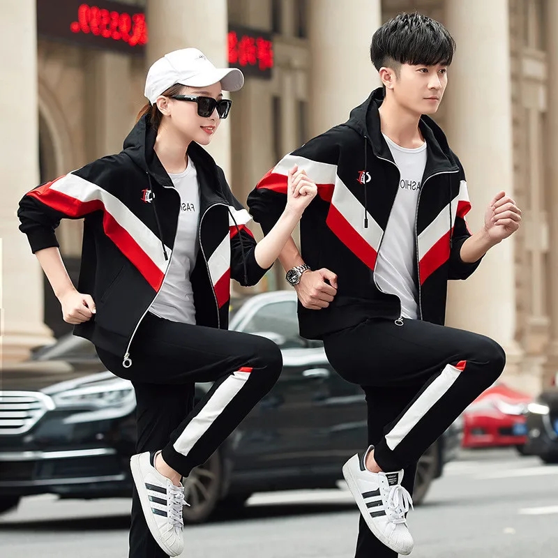 

Spring Wmen Men Sport Suit Stripe Print Zip Up Hoodie Jacket+pant Casual Jogger Running Workout Outfits Set Sportswear Tracksuit