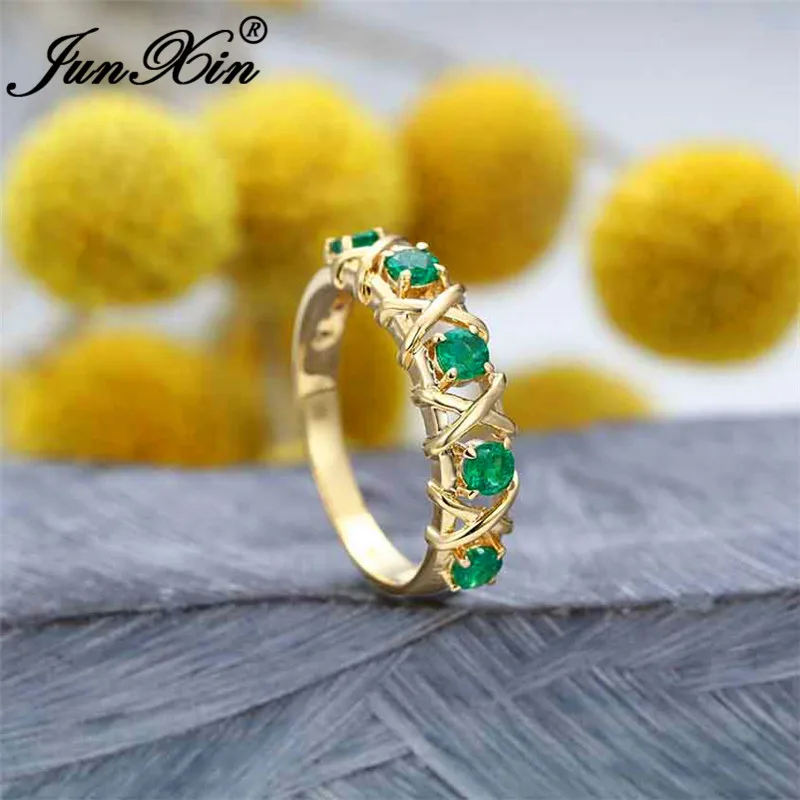 Boho Female Crystal Green Stone Rings For Women Yellow Gold Dainty Round Zircon Thin Ring Band Wedding Engagement Ring Female CZ