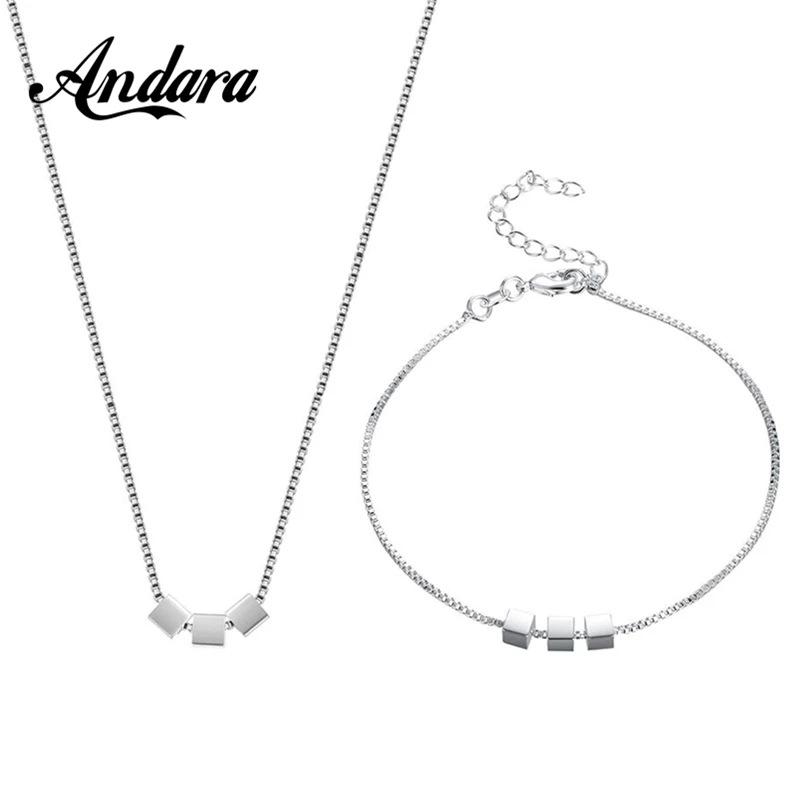 

New 925 Silver Jewelry Set Silver Three Square Necklace Bracelet Set For Woman Charm Jewelry Gift