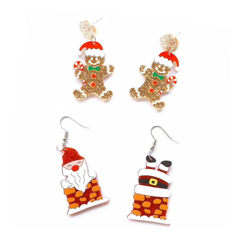 2022 New Christmas Glitter Gingerbread Man Earrings For Women Santa Chimney Acrylic Lovely Hanging Earrings Party Accessories