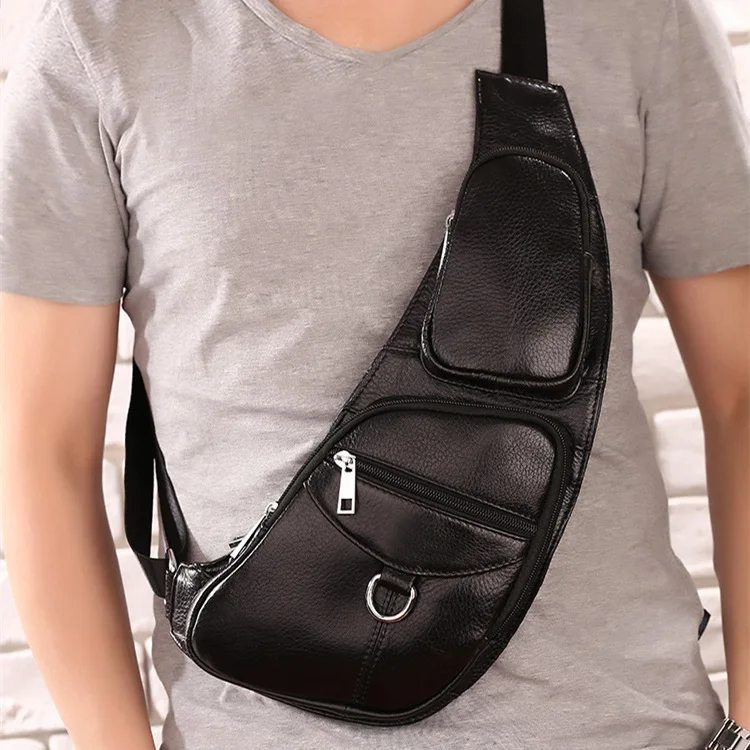Кожаная мужская нагрудная сумка На открытом воздухе, повседневная сумка-портфель в Корейском стиле, сумка через плечо, сумка для бега из кожи с натуральным лицевым покрытием - Цвет: Type 2 Black