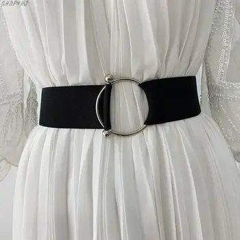 

Waist Elastic Ladies Band Round Buckle Decoration Coat Sweater Fashion Dress Rice White Belts for Women Black Simple