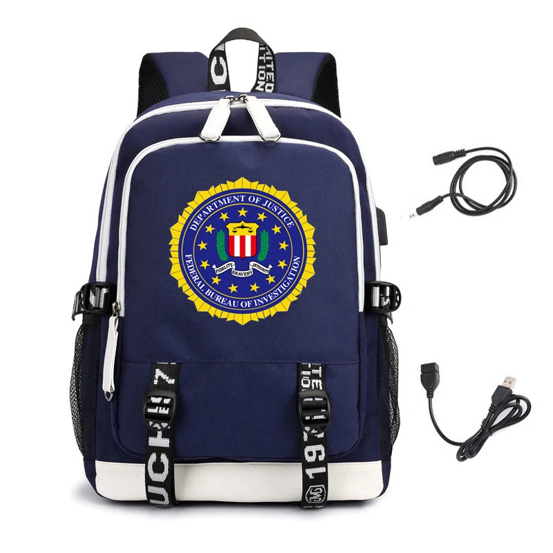 Рюкзак с логотипом FBI, школьный рюкзак с Usb зарядкой, Сумка с принтом для ноутбука, многофункциональный рюкзак для мужчин, студентов, Повседневная сумка для книг - Цвет: Синий