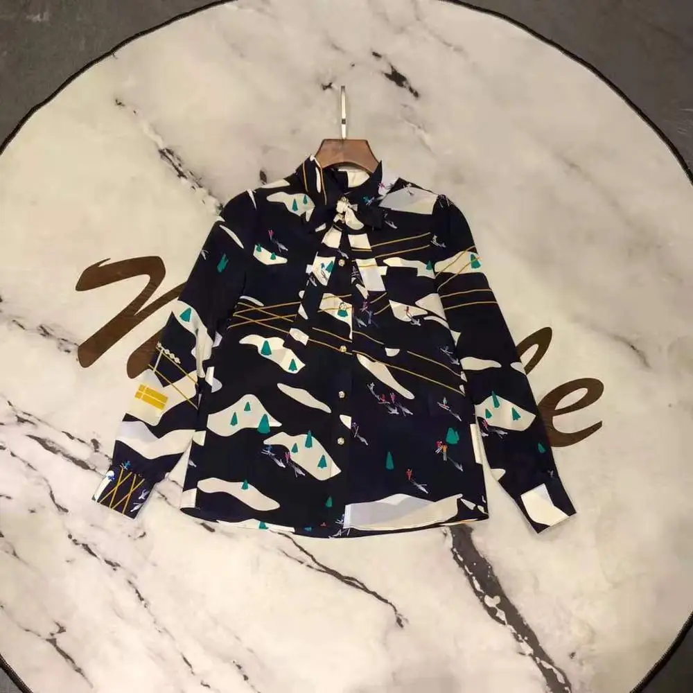 2019 runway blue print women blouse |