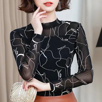 

New Fashion Autumn Women Tops and Blouses Print Long Sleeve Mesh Shirts Half Turtleneck Lady Plus Size Slim Fit Tops Blusas