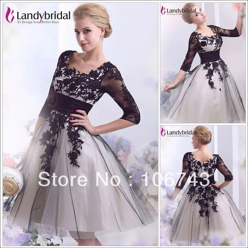 

free shipping 2018 sexy Sleeves Black and white evening Gown lace appliques Short party prom gown mother of the bride dresses