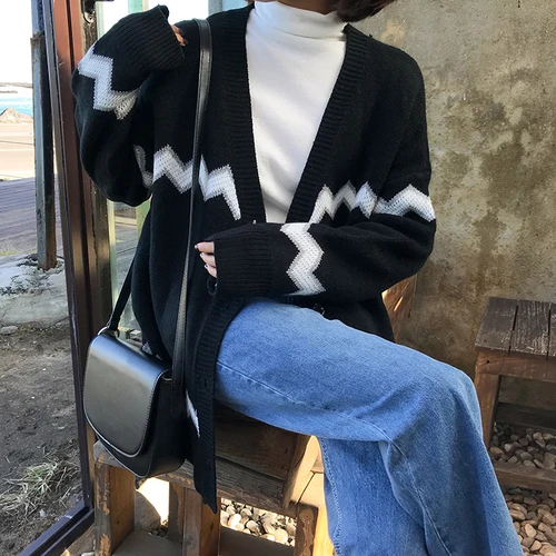 Осенний корейский джемпер с v-образным вырезом кардиган женский Harajuku Свободное пальто с длинными рукавами Femme свитер вязаное пальто однобортный жакет