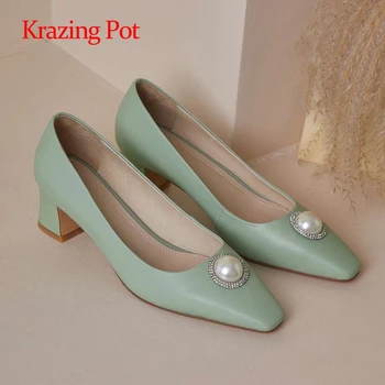 

Krazing Pot genuine leather european design solid small square toe thick high heel slip on young lady daily wear women pumps L55
