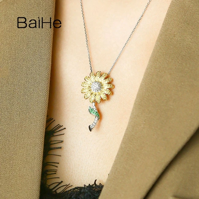 Hee21e463790d488896181ab49dce8e53U BAIHE Solid 14K White Yellow Gold Yellow Sapphire Emerald Diamond Flower Brooch Pendant Women Mommy Workplace Fine Jewelry