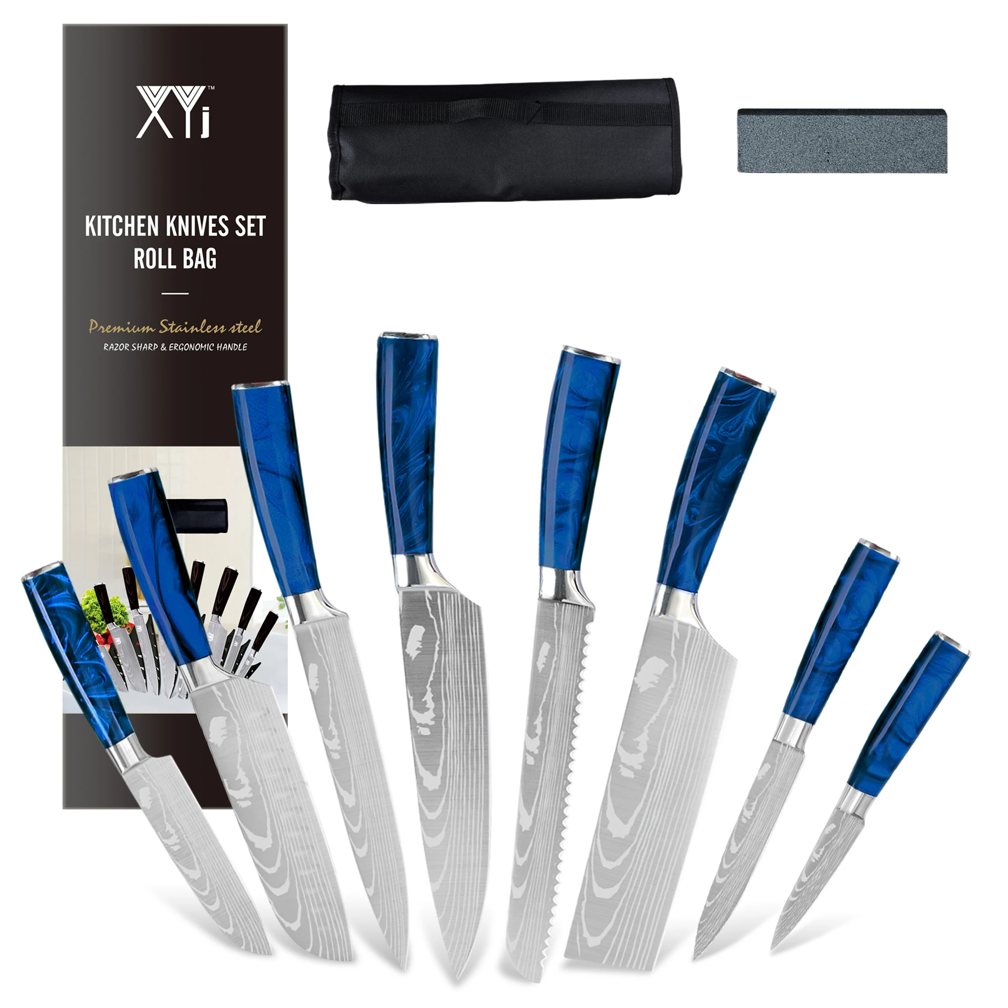 

Stainless Steel Kitchen Knife Set, Laser Damascus Pattern Blade, Japanese Chef Knives with Blue Resin Handle, 8Pcs Knives Tools