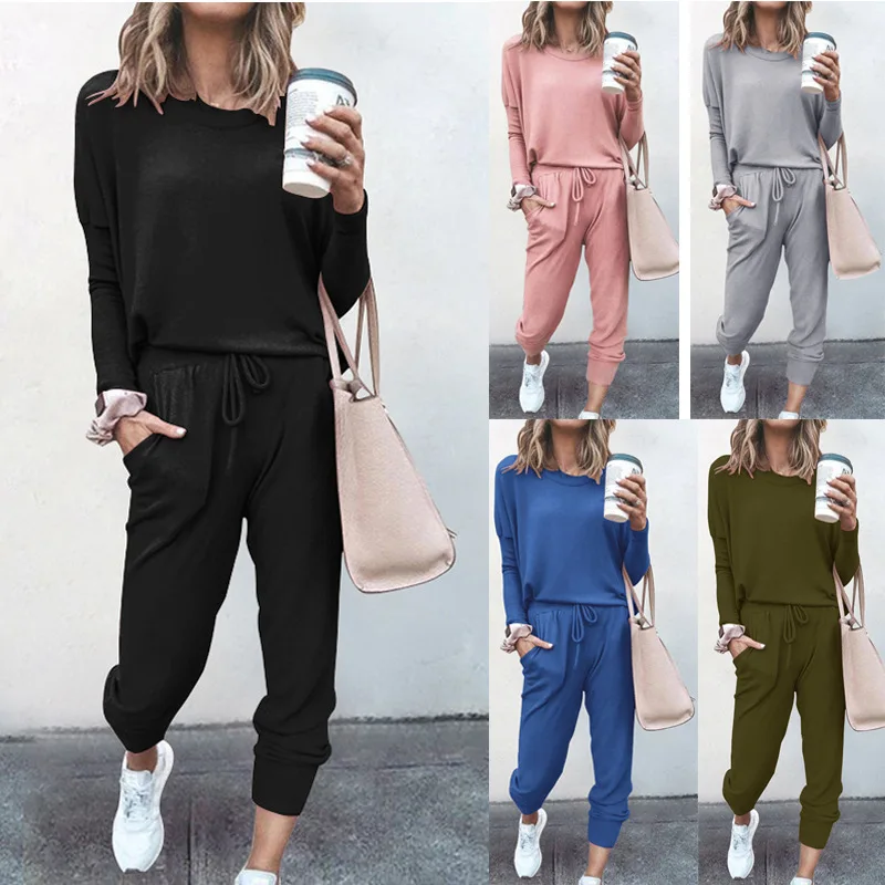 Women Solid Color Long Sleeve O Neck Blouse Top Drawstring Pants Sport Tracksuit Sports Shirts Autumn Winter Set Tracksuit Print Women Solid Color Long Sleeve O Neck Blouse Top Drawstring Pants Sport Tracksuit Sports Shirts Autumn Winter Set Tracksuit Print