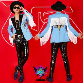 

S-XL!Male singer performance clothing nightclub tassels small suit male personality trend men's nightclub male DJ slim dress tid