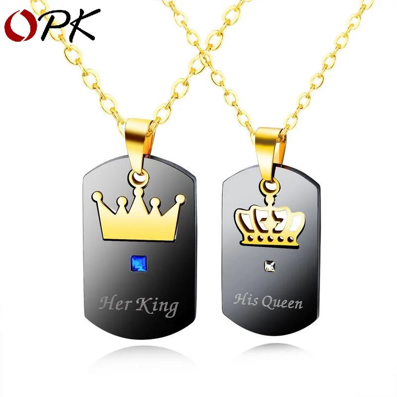 

Trend INS Titanium Steel Accessories Cross Border Hot Sales Her KING His Queen Crown Couples Square Tag Necklace