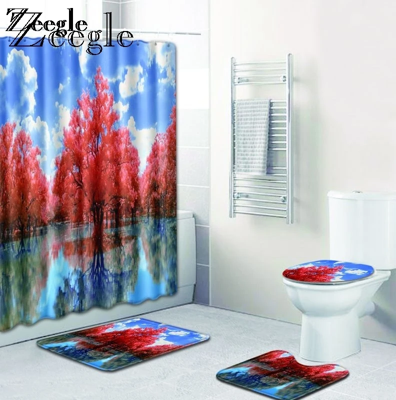 Zeegle 4pcs Bathr Mat Set and Shower Curtain Anti-slip Bathroom Doormat Shower Mat Waterproof Bathroom Curtain 4pcs Toilet Set