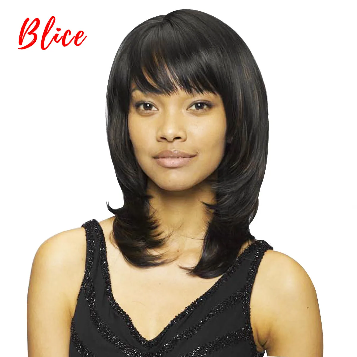 Blice For Women Synthetic Wigs Medium 10 Inch Natural Wave Wig Pure Black Color 1# With Skin-Top Right-Side Bang Heat Resistant