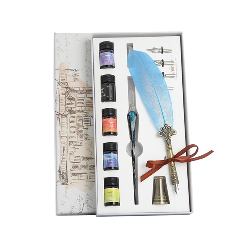Glass pen ink starry sky dip pen crystal pen feather set student manual gradient color net red color ink pen