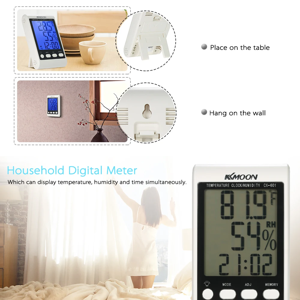 LCD Digital Thermometer Hygrometer Indoor Outdoor Temperature Humidity Meter Alarm Clock with Blue Backlight
