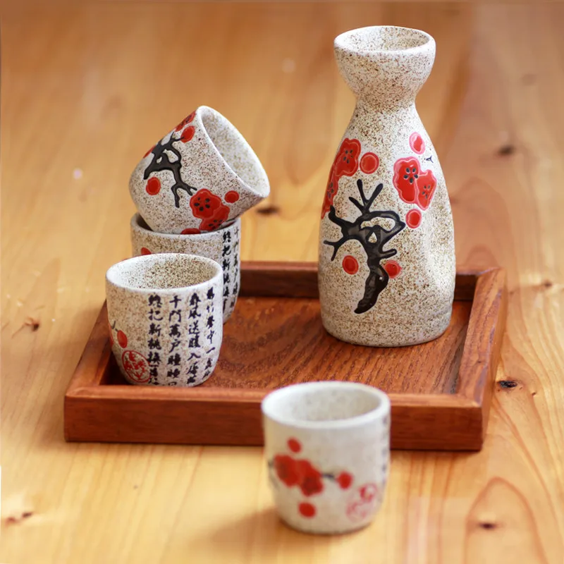 Vintage Ceramic Sake Pot Cups Set Characters PJapanese Cuisine Sake Bottle Spirit Pot Set with Cups Ceramic Sake Set