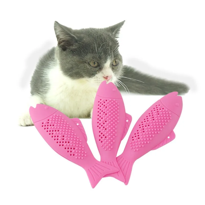 Pet Dog Cat Fish-Shaped Soft Silicone Mint Toothbrush Pet Cat Toys Fish Interactive for Cat Catnip Cleaning Teeth For Gatos