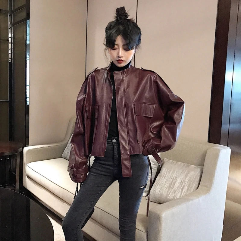 Korean Women PU Leather Jacket High Waist Short Casual Leather Biker Jacket Women Chaqueta Cuero Mujer Veste Cuir Femme