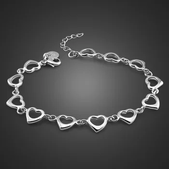 

Hot Sale Simple Dainty Heart Link Bracelet For Women Fashion 100% 925 Sterling Silver Bangle Charm Jewelry Girl Gift