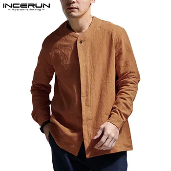 

Mens Casual Shirt Long Sleeve Solid Color Button Cotton Retro Tops 2020 V Neck Chinese Vintage Shirts Camisa Masculina INCERUN