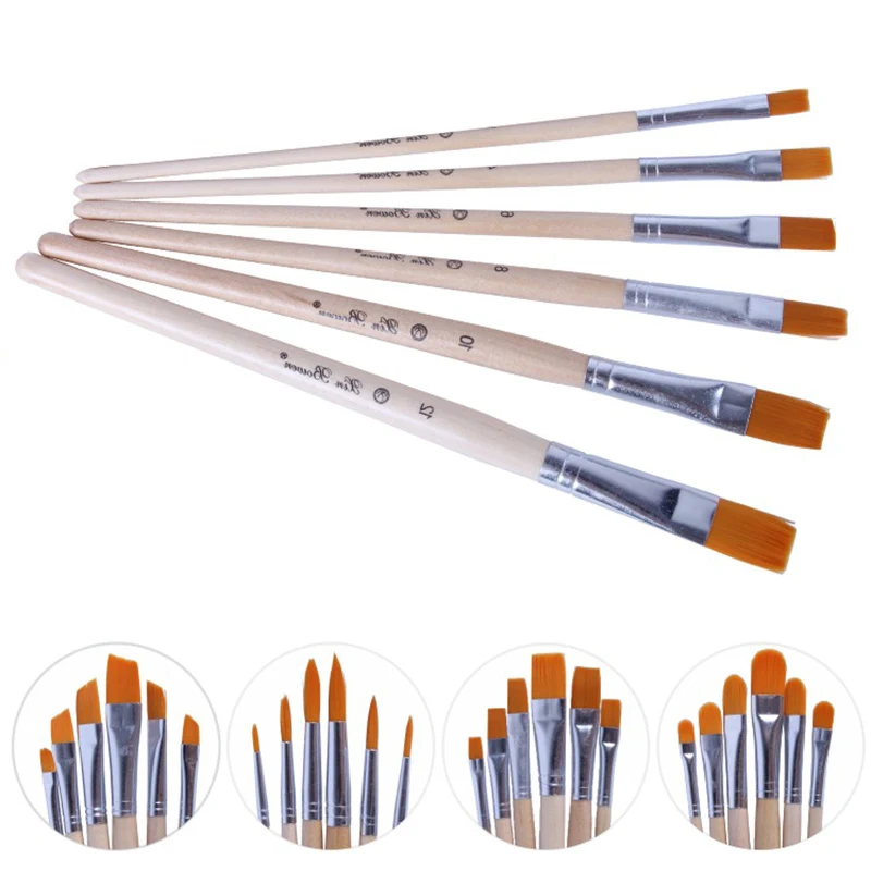 

6Pcs/set Nylon Watercolor Acrylic Paint Brush Set Different Size Pointed Flat Head Paint Brushes For Kids Girls School Supplies