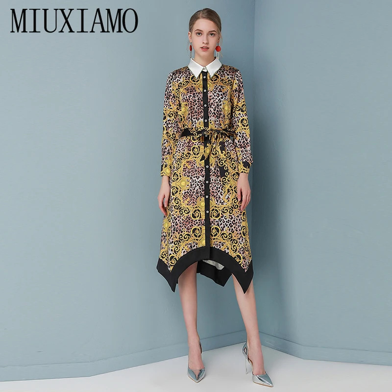 MIUXIMAO, высокое качество, осень и весна, платье с цветочным принтом, неравномерное, офисное, женское, элегантное, Повседневное платье, женское платье с поясом