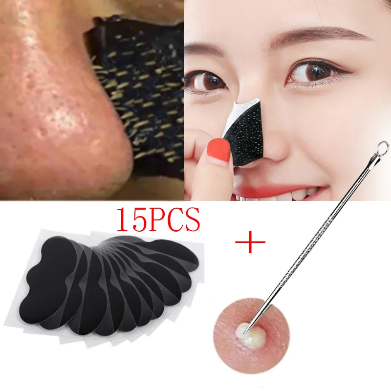 15/10pcs Black Mask Strips with Needle From Black Spots Blackhead Remover Pore Strips Pig Nose Mask Cleansing Charcoal