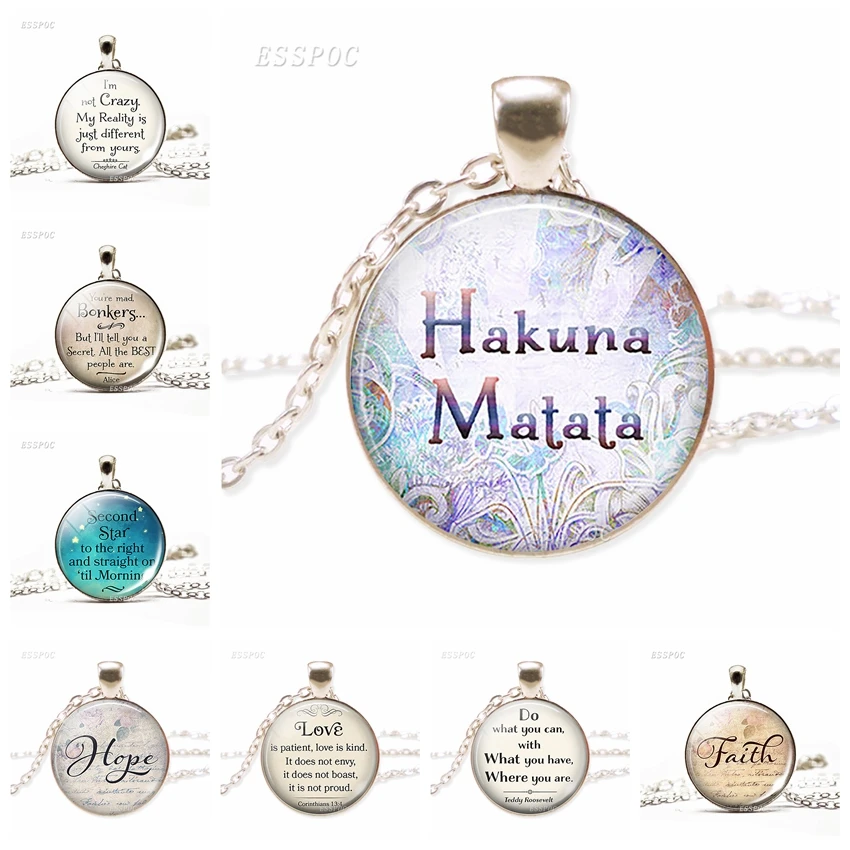 

Hakuna Matata Inspirational Quote Glass Dome Jewelry Vintage Pendant Necklace Creative Gift