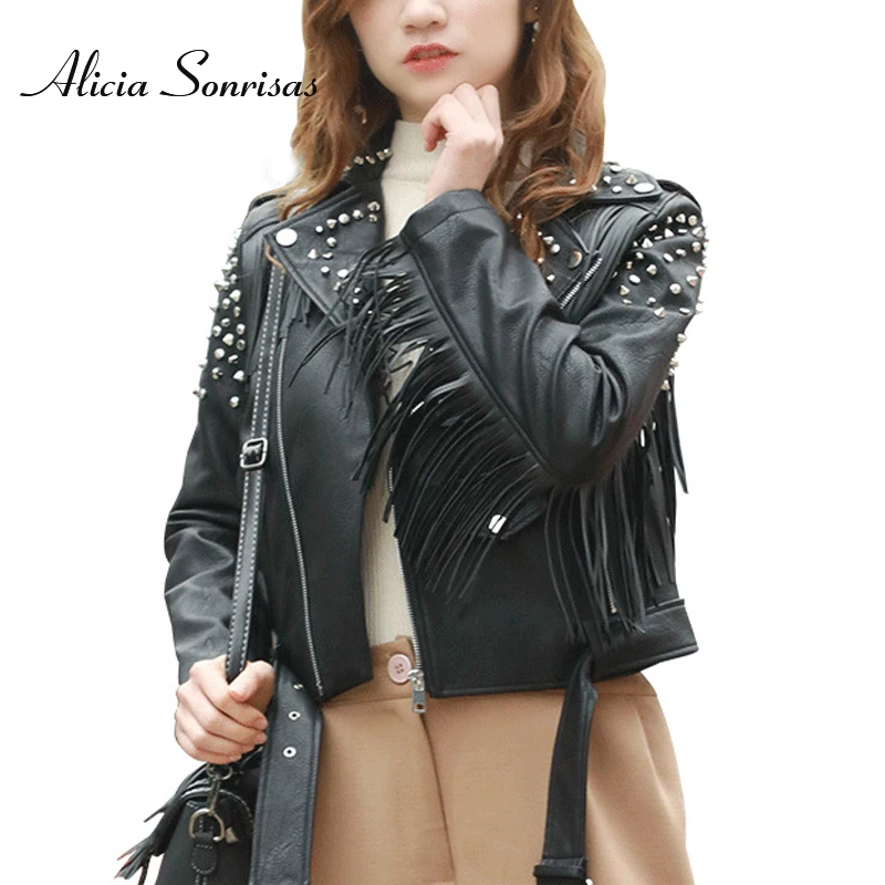 2020 Tassels Women Leather Jacket Top Rivets Studded Punk Biker Coat