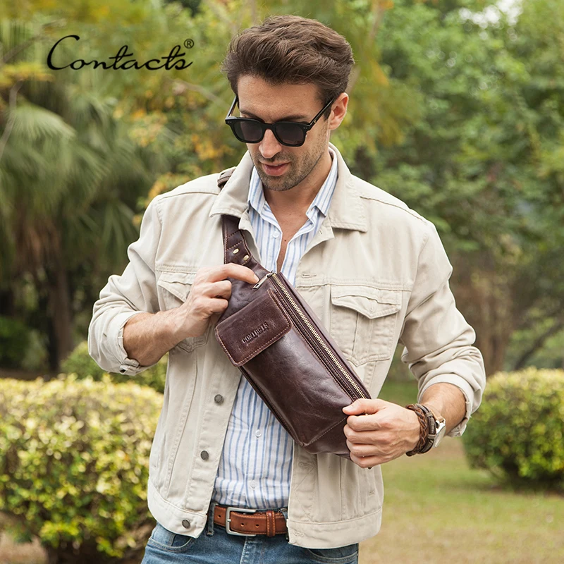 

CONTACT'S Chest Bag Genuine Leather Men Shoulder Messenger Belt Bags Casual Waist Packs Fanny Pack for Phone Pouch High Quality