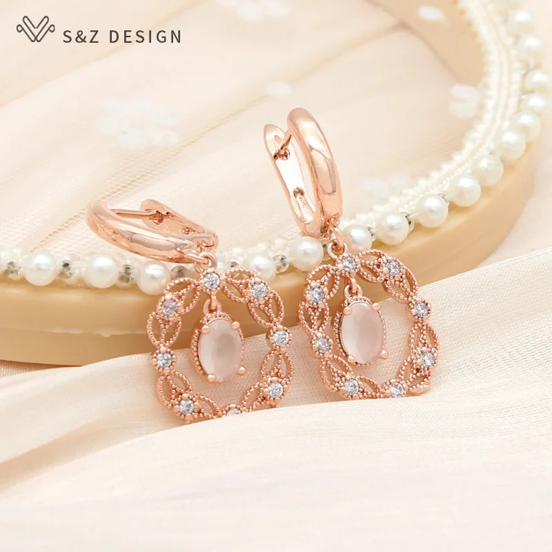 S&Z DESIGN New Fashion Cubic Zirconia Oval Crystal Dangle Earrings For Women Wedding 585 Rose Gold Color Jewelry Gift