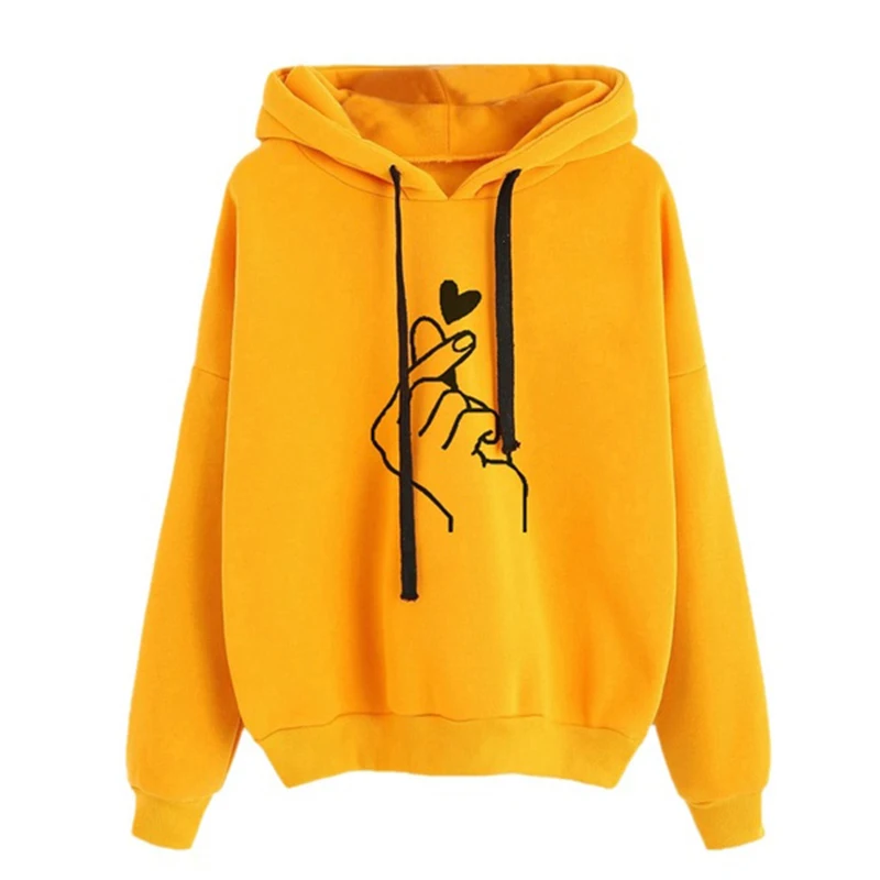 YELLOW Sweatshirt Hoody Women Pink Ladies Oversize Hoodies Casual Kpop Finger Heart Love Pattern Hooded Sweatshirts Polerones Mujer - Цвет: YELLOW