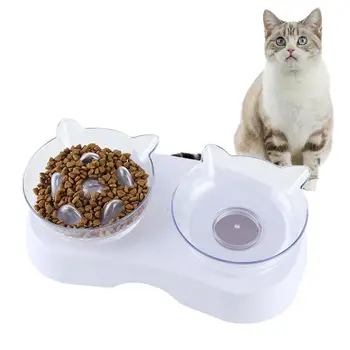 

Cat Double Bowl Transparent Plastic Pet Feeding Bowl Raised Bottom Cervical Spine Protection Double Bowl for Cats Small Dogs