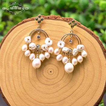 

GLSEEVO Natural White Baroque Pearl Dangle Earrings Round For Women Wedding Girl Party Bohemia Jewerly Green Zircon Arete GE0920