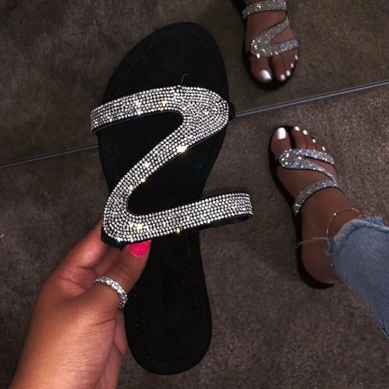 

Women Summer Flat Slippers Bling Rhinestone Shoes Open Toe Roman Beach Sandals ladies Sexy Flip Flops Black Non-slip Slides