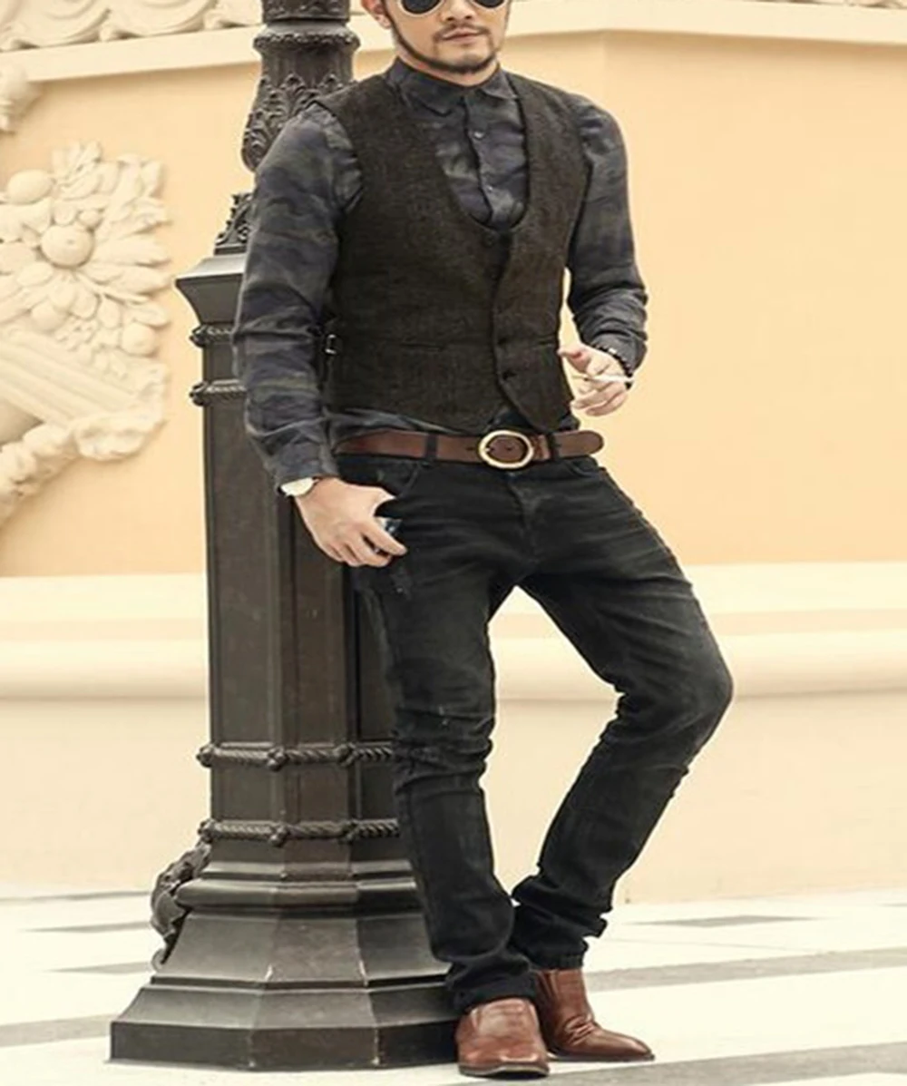 2022 Brown Men's Casual Herringbone Pattern Suit Vest Wool/Tweed Suit Vest U-neck Waistcoat Groomsmen For Wedding 2