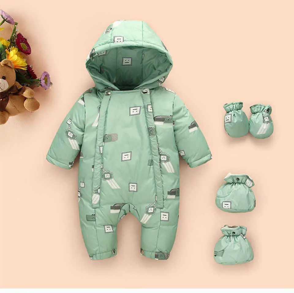 light green Зимний комбинезон для новорожденных девочек; Комбинезон для мальчика на утином пуху; Детский комбинезон; Детский Теплый зимний комбинезон; плотная верхняя одежда для малышей - Цвет: light green